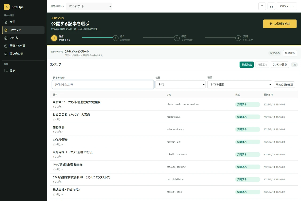 SiteOpsの記事管理画面。記事一覧と編集画面を同時に確認できる。