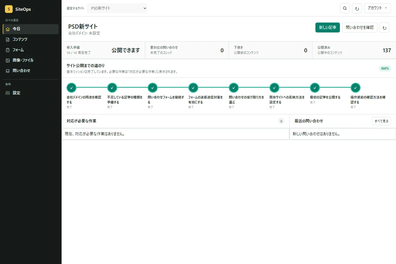 SiteOpsの運用ホーム画面。記事、フォーム、画像、問い合わせの状態が一覧になっている。
